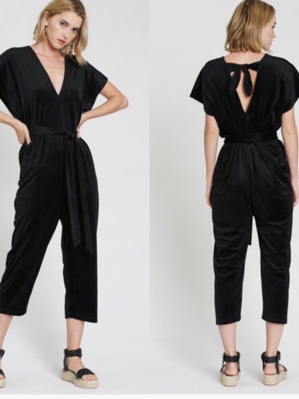 Tie-Back V-Neck Black Velvet Jumpsuit